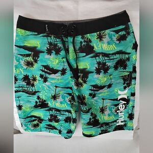 Hurley Boys Scenic Print Swim Board Shorts - Teal and Black
